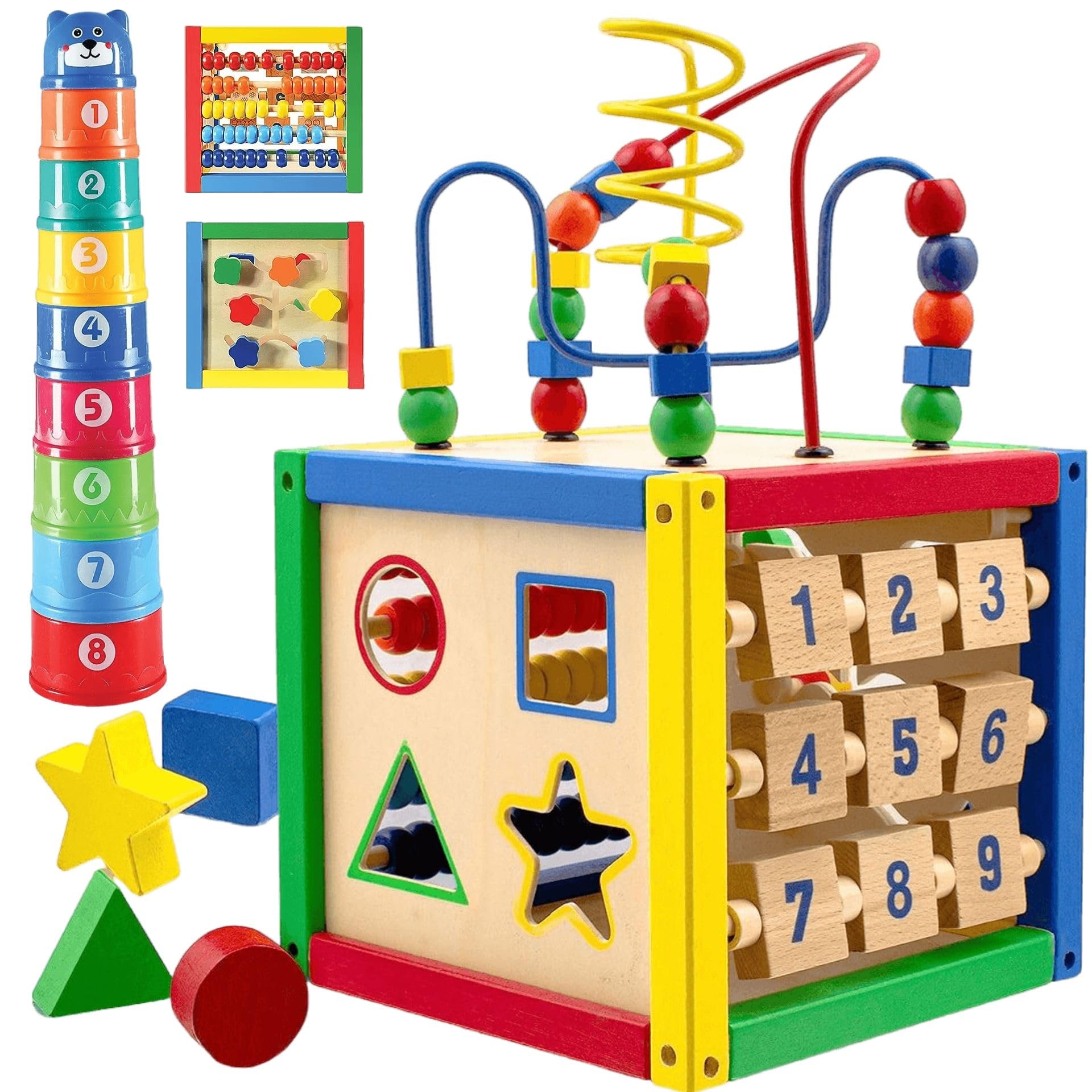 Wooden Activity Play Cube 6 in-1 for Baby with Removable Bead Maze, Shape Sorter, Abacus Counting Beads & Numbers, Sliding Shape