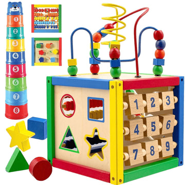 Wooden Activity Play Cube 6 in-1 for Baby with Removable Bead Maze, Shape Sorter, Abacus Counting Beads & Numbers, Sliding Shape