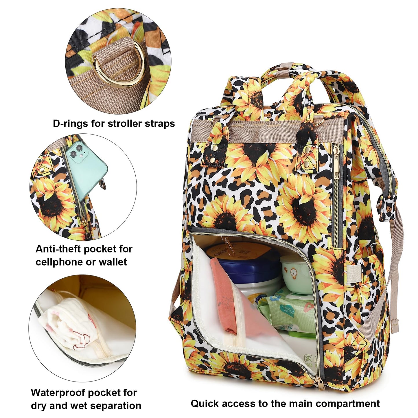 Xunteny Leopard Sunflower Baby Diaper Bag Backpack For Girls Boys, Waterproof Large Maternity Nappy Bags For Mom
