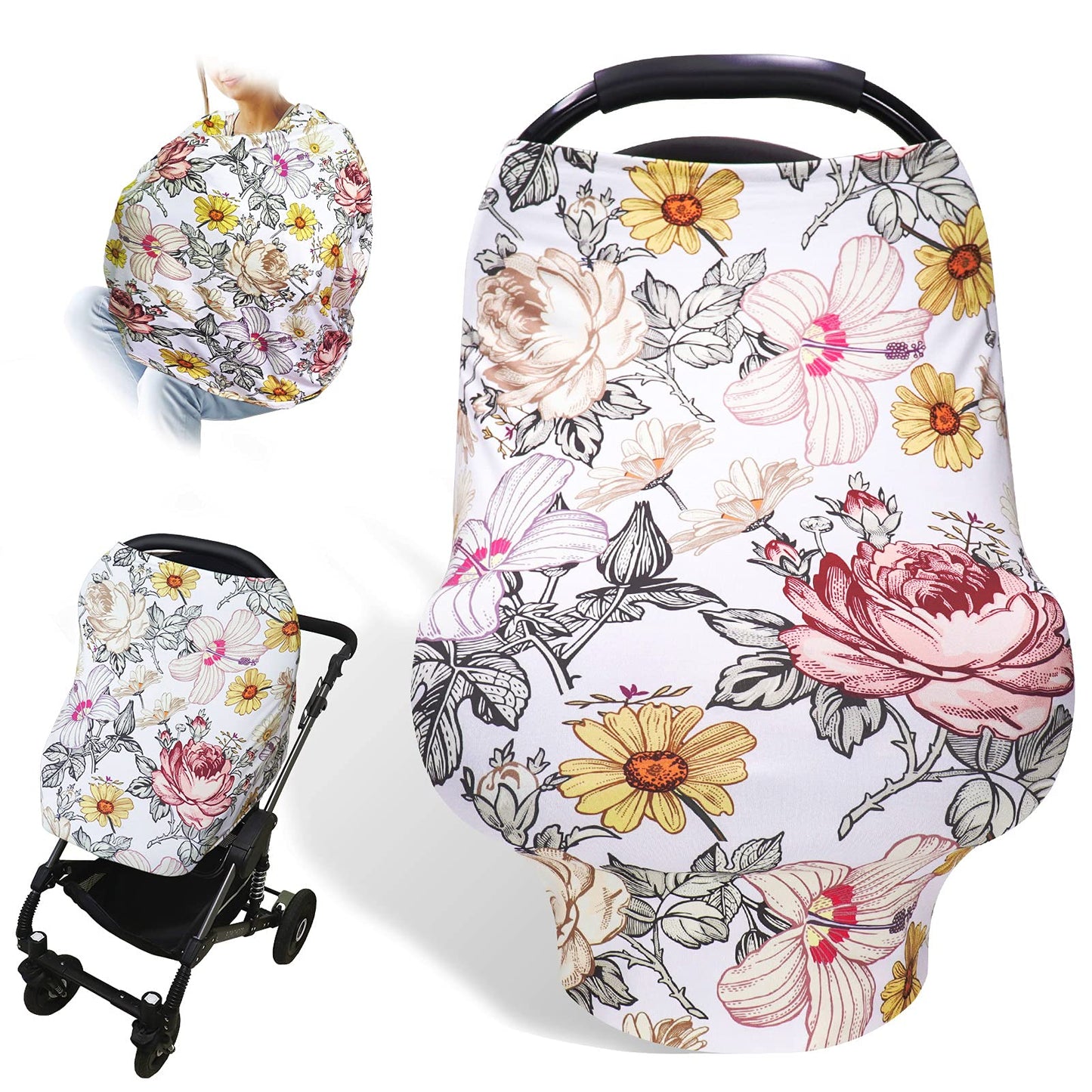 Floral Baby Car Seat Cover Girls, Infant Carseat Canopy, Stretchy Multi- Use Nursing Cover For Stroller/High Chair/Shopping Cart