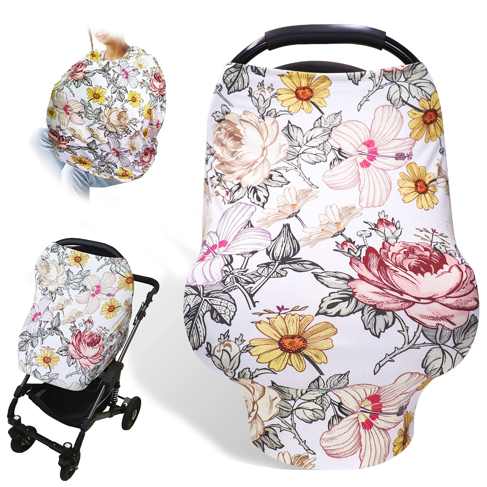 Floral Baby Car Seat Cover Girls, Infant Carseat Canopy, Stretchy Multi- Use Nursing Cover For Stroller/High Chair/Shopping Cart