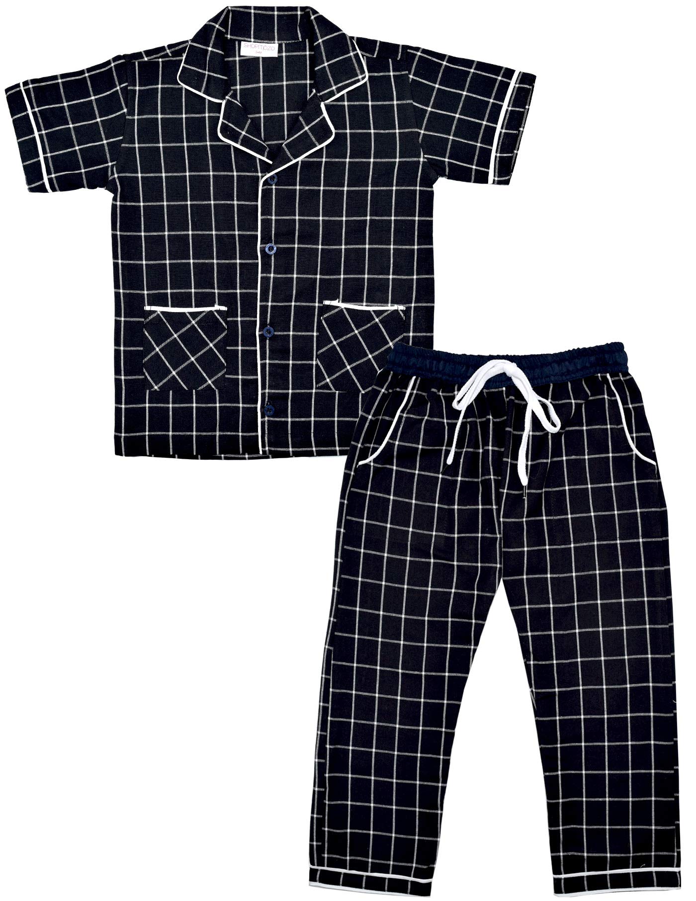 SHOPmOZO Unisex Pure Cotton Checkered Short Sleeve Night Suit for Boys and Girls Pyjama Top Combo Set (SM00526UNISEXSWPT_56 Ye