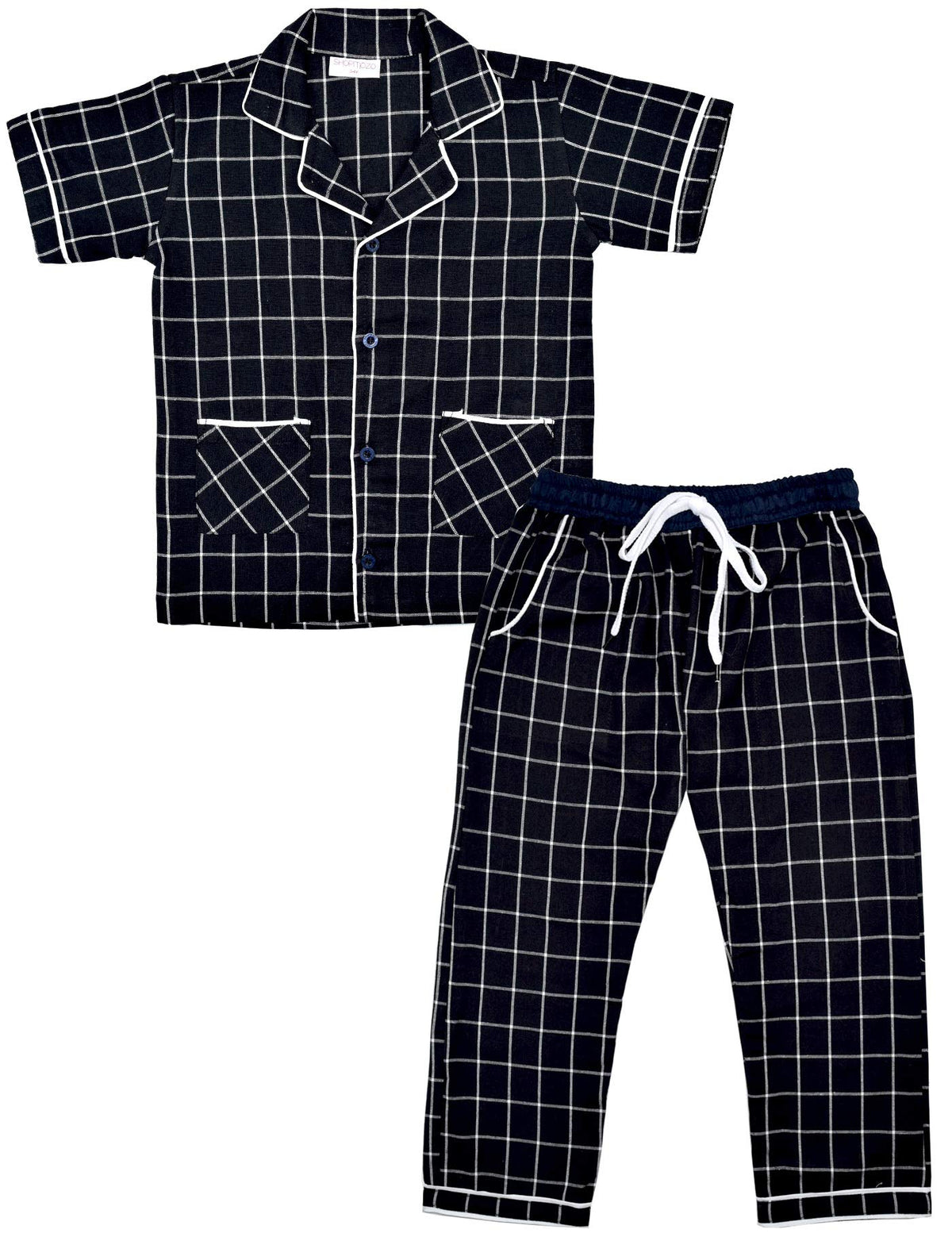 SHOPmOZO Unisex Pure Cotton Checkered Short Sleeve Night Suit for Boys and Girls Pyjama Top Combo Set (SM00526UNISEXSWPT_56 Ye