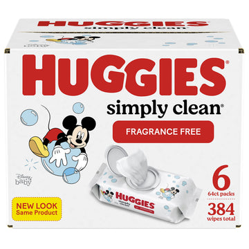 Baby Wipes, Unscented, Huggies Simply Clean Fragrance-Free Baby Diaper Wipes, 6 Flip-Top Packs (384 Wipes Total),64 Count (Pack