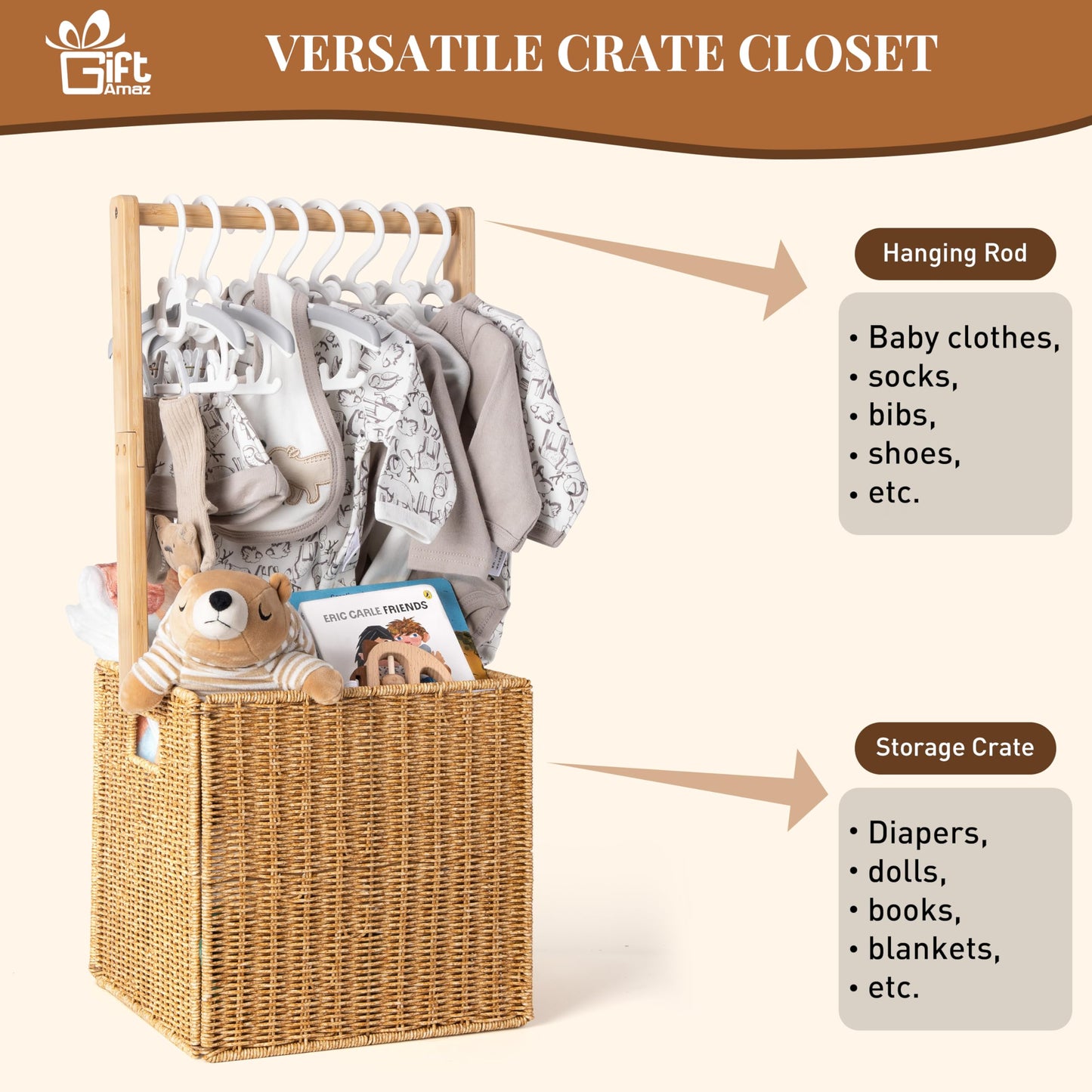 Giftamaz Baby Shower Crate Closet, Large Hand-Woven Rattan Storage Crates With Handle, Baby Shower Gifts, Baby Welcome Box Nurse