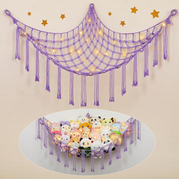 Macrame Kn0Ts Stuffed Animal Hammock Net With Fairy Lights  Purple Boho Cotton Wall Hanging Toy Storage Organizer For Nursery, 