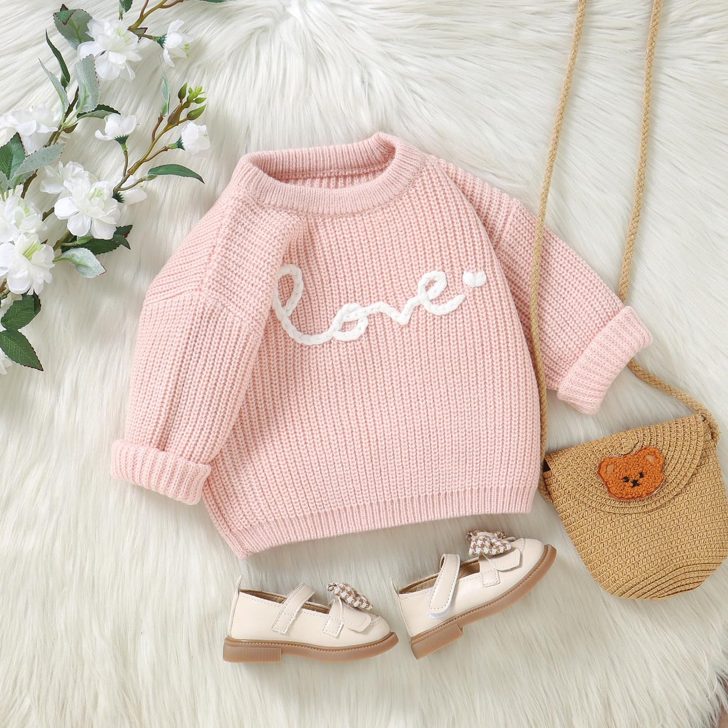 Toddler Baby Boys Girls Sweater Embroidered Long Sleeve Sweater Knitted Shirt Valentines Outfits Clothes Pink White