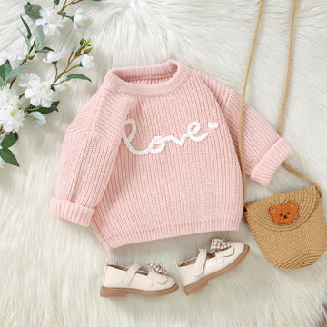 Toddler Baby Boys Girls Sweater Embroidered Long Sleeve Sweater Knitted Shirt Valentines Outfits Clothes Pink White