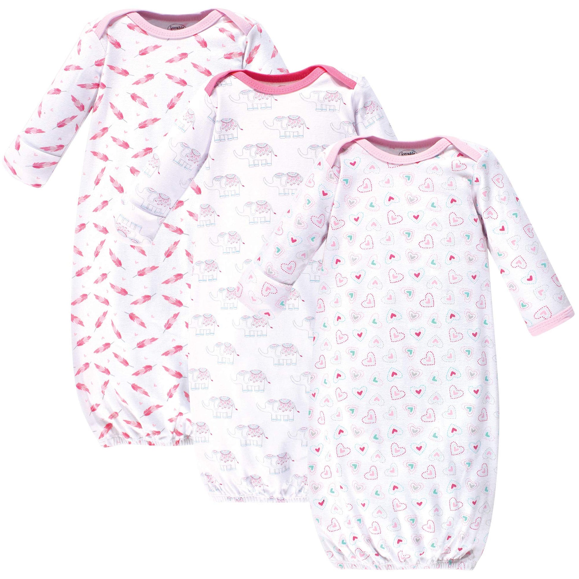 Luvable Friends Unisex Baby Cotton Gowns, Girl Elephant Hearts, Preemie/Newborn