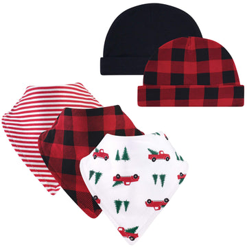 Hudson Baby Unisex Baby Cotton Bib And Headband Or Caps Set, Christmas Tree, One Size