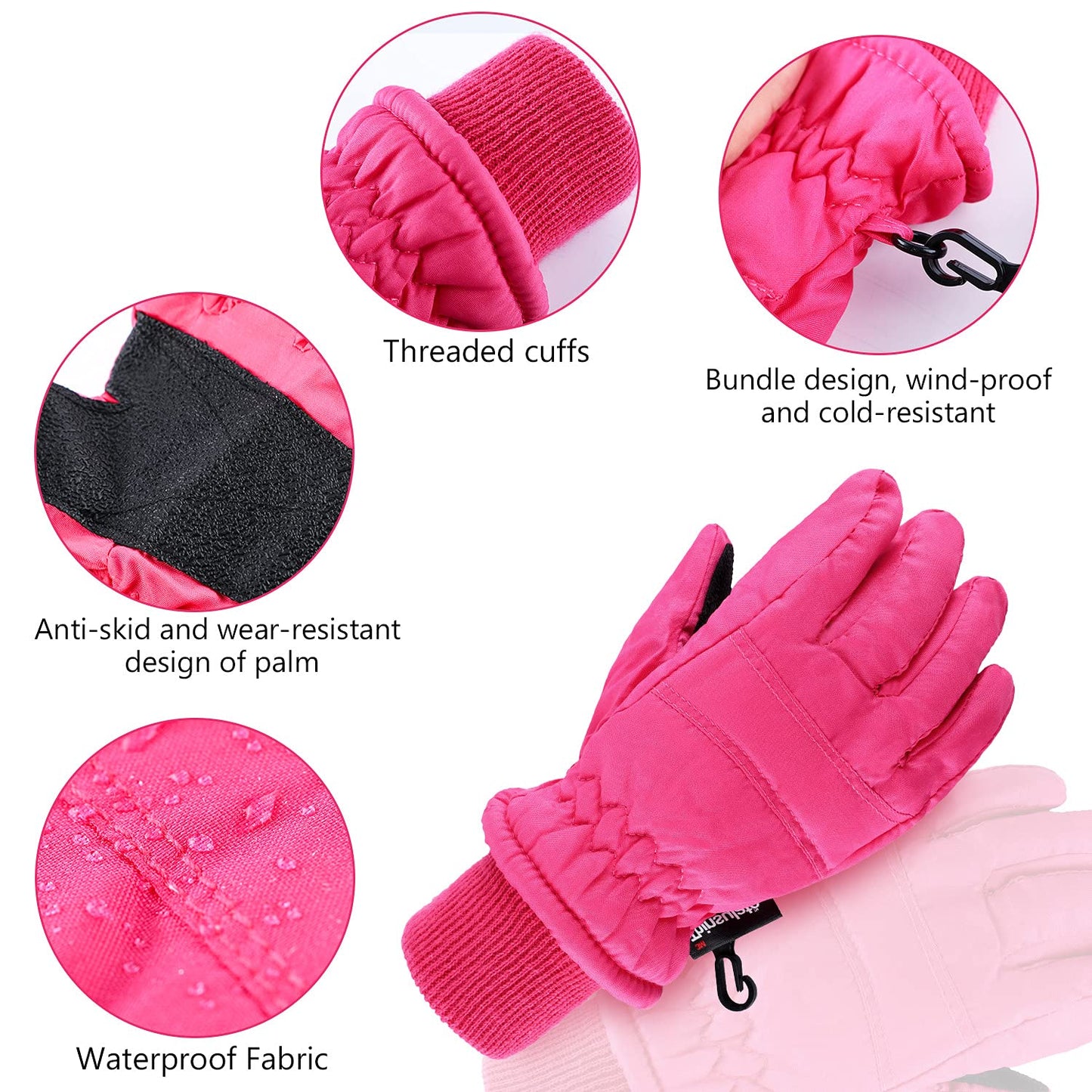 2 Pairs Kids Winter Ski Gloves Waterproof Warm Snow Mittens Full Finger Gloves For Toddlers Infants (Black, Rose Red, 3-6 Years)