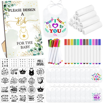 Panitay 100 Pcs Diy Baby Bibs Decorating Kit 50 White Bibs 25 Stencils 24 Fabric Markers 1 Baby Shower Game Sign(Leaf)