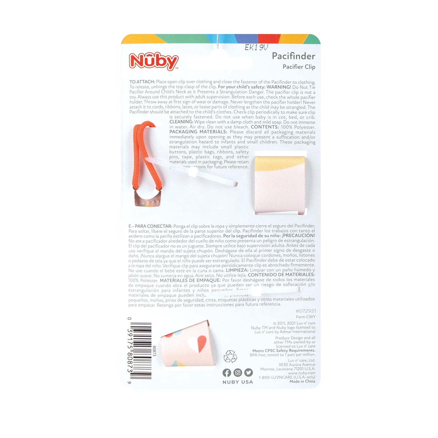 Nuby Pacifinder Baby Pacifier Clip - (2-Pack) - Pacifier Holder Clip with Convenient Hook Loop - Peach Stripes and Hearts