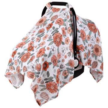 Rquite Car Seat Cover, Muslin Cotton Infant Car Seat Canopy, Breathable Baby Carrier Cover, Summer Stroller Sun Shade, Flower