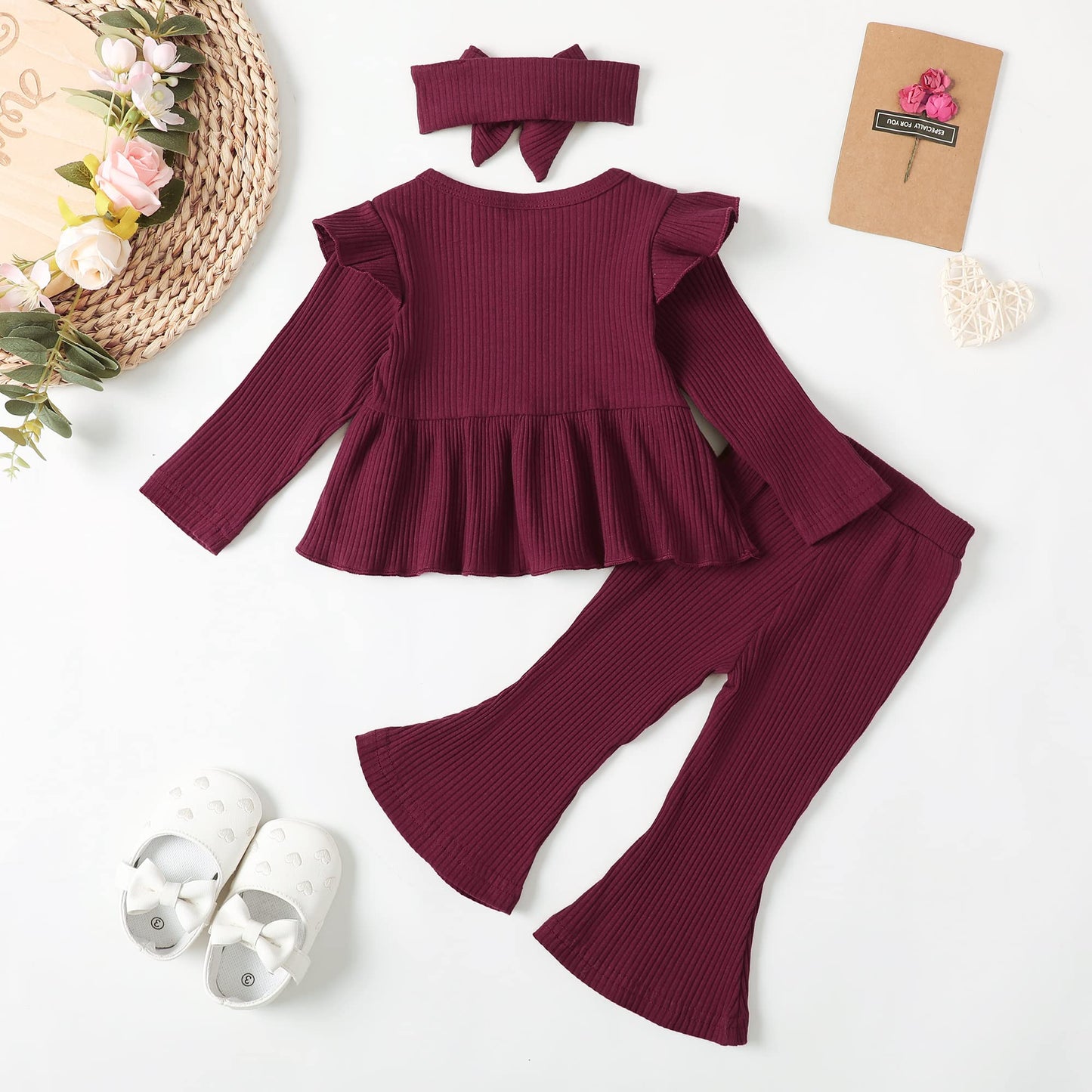 18 Months Girl Clothes Toddler Girl Outfits Long Sleeve Ruffle Shirt Cotton Solid Pant Set Baby Gifts Fall 18-24 Months Girl Clo