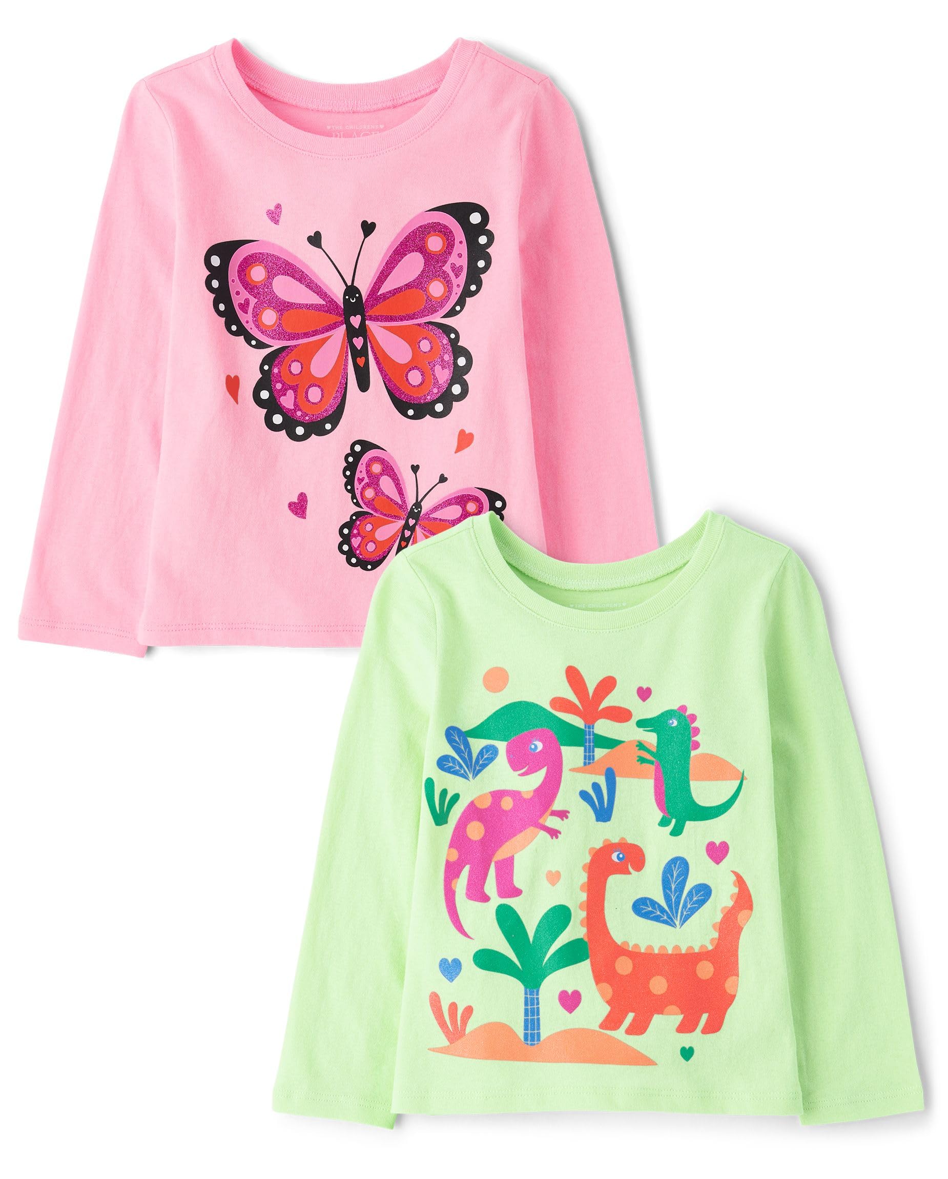 The Children'S Place Baby-Girls And Toddler Assorted Everyday Long Sleeve Graphic T-Shirts,Multipacks Butterfly Pink/Dinos 2-Pac