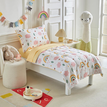 Joyreap 4 Piece Toddler Bedding Set For Girls- Pink N Yellow Clouds Moon Rainbow Lovely Design, Microfiber Toddler Bedding Comfo