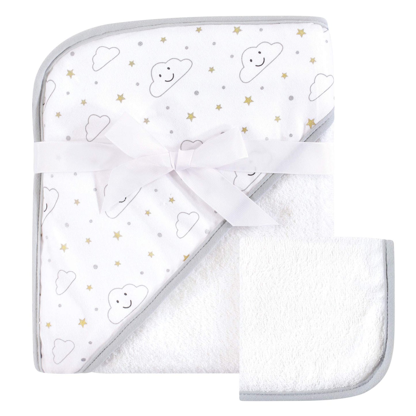 Hudson Baby Unisex Baby Cotton Hooded Towel And Washcloth, Gray Clouds, One Size