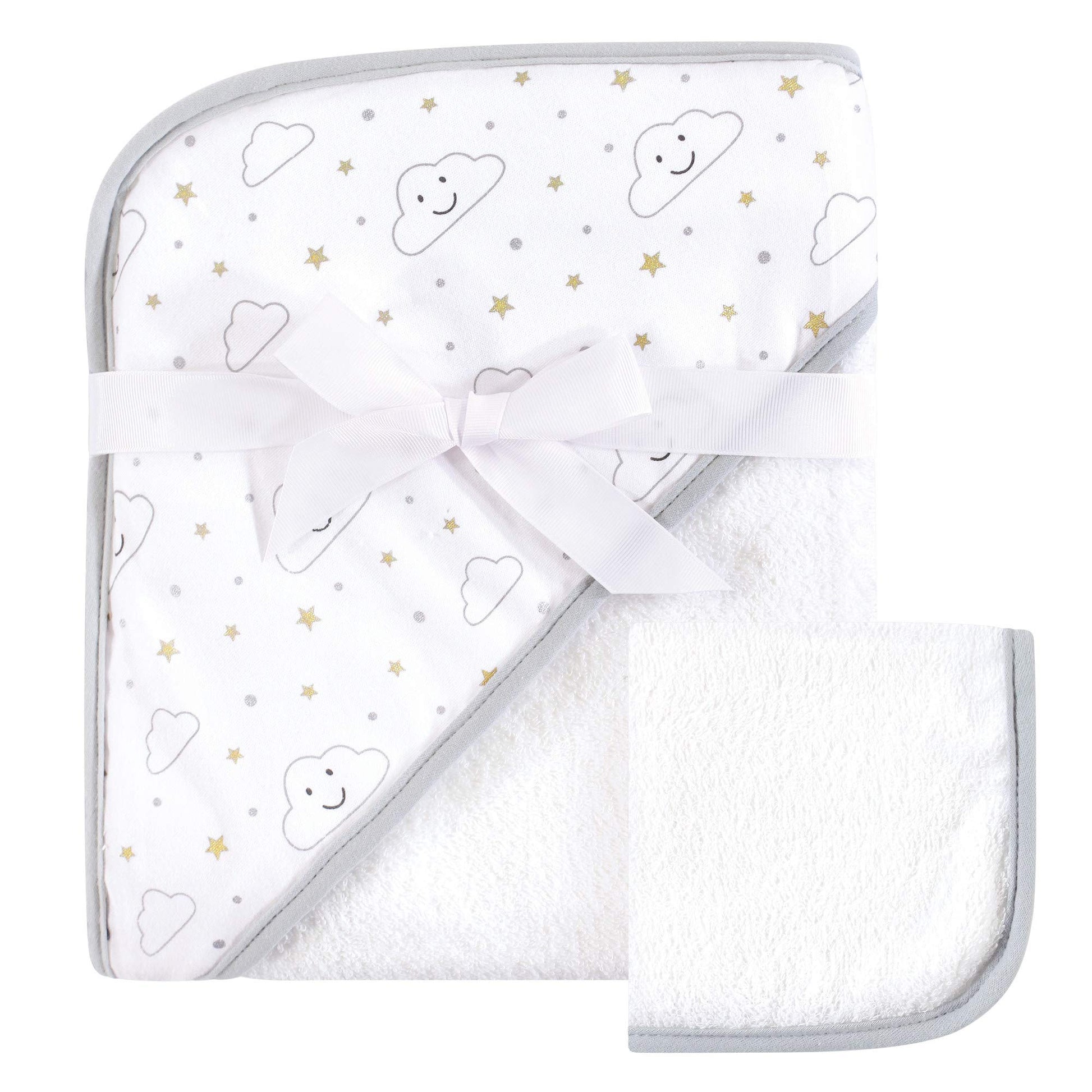 Hudson Baby Unisex Baby Cotton Hooded Towel And Washcloth, Gray Clouds, One Size