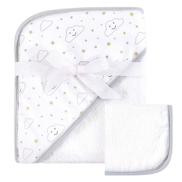 Hudson Baby Unisex Baby Cotton Hooded Towel And Washcloth, Gray Clouds, One Size