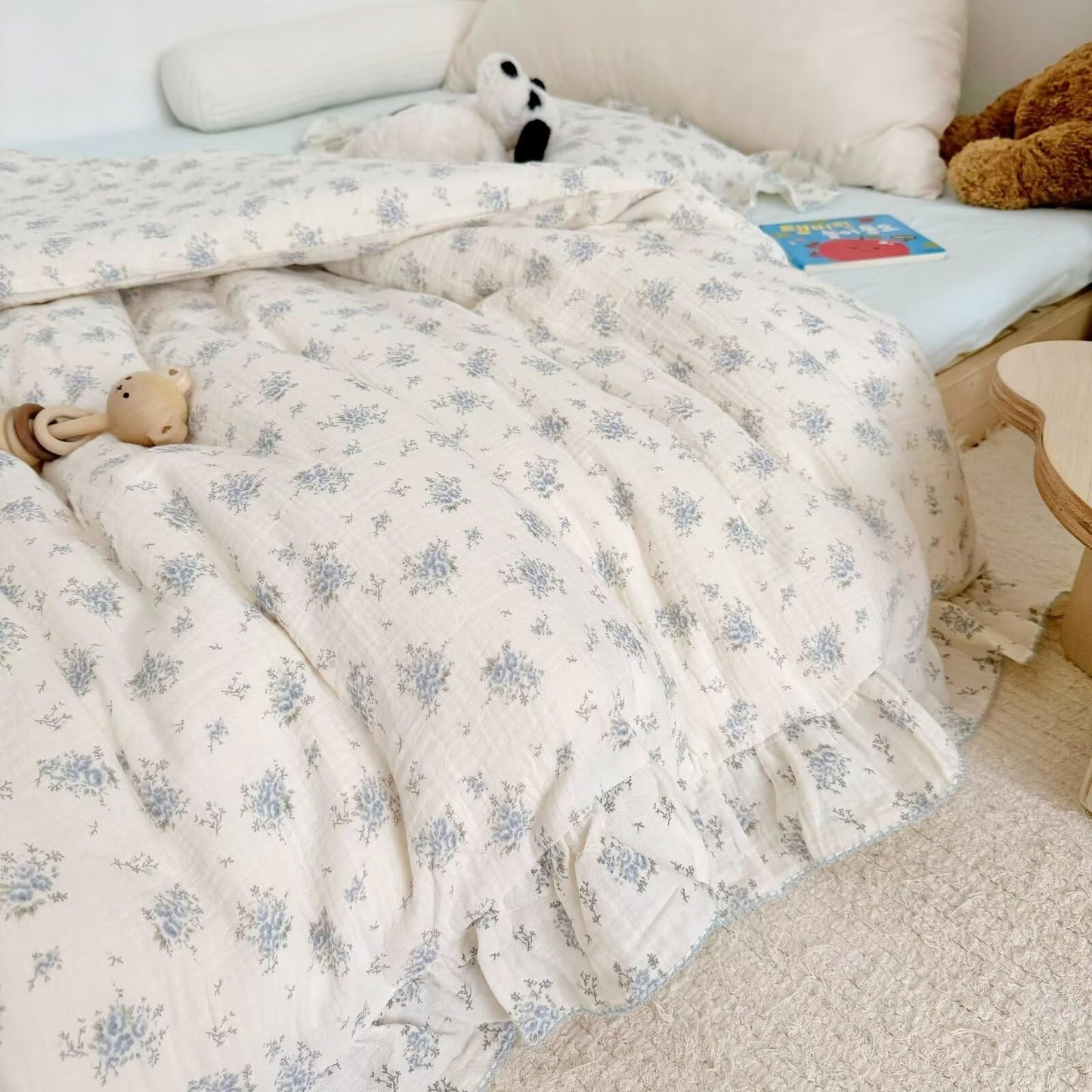 Bulutu Muslin Cotton Kids Duvet Cover With Ruffles For Toddler Bed/Crib Comforter/Quilt Cover Shabby Chic Blue Freesia Print Tod