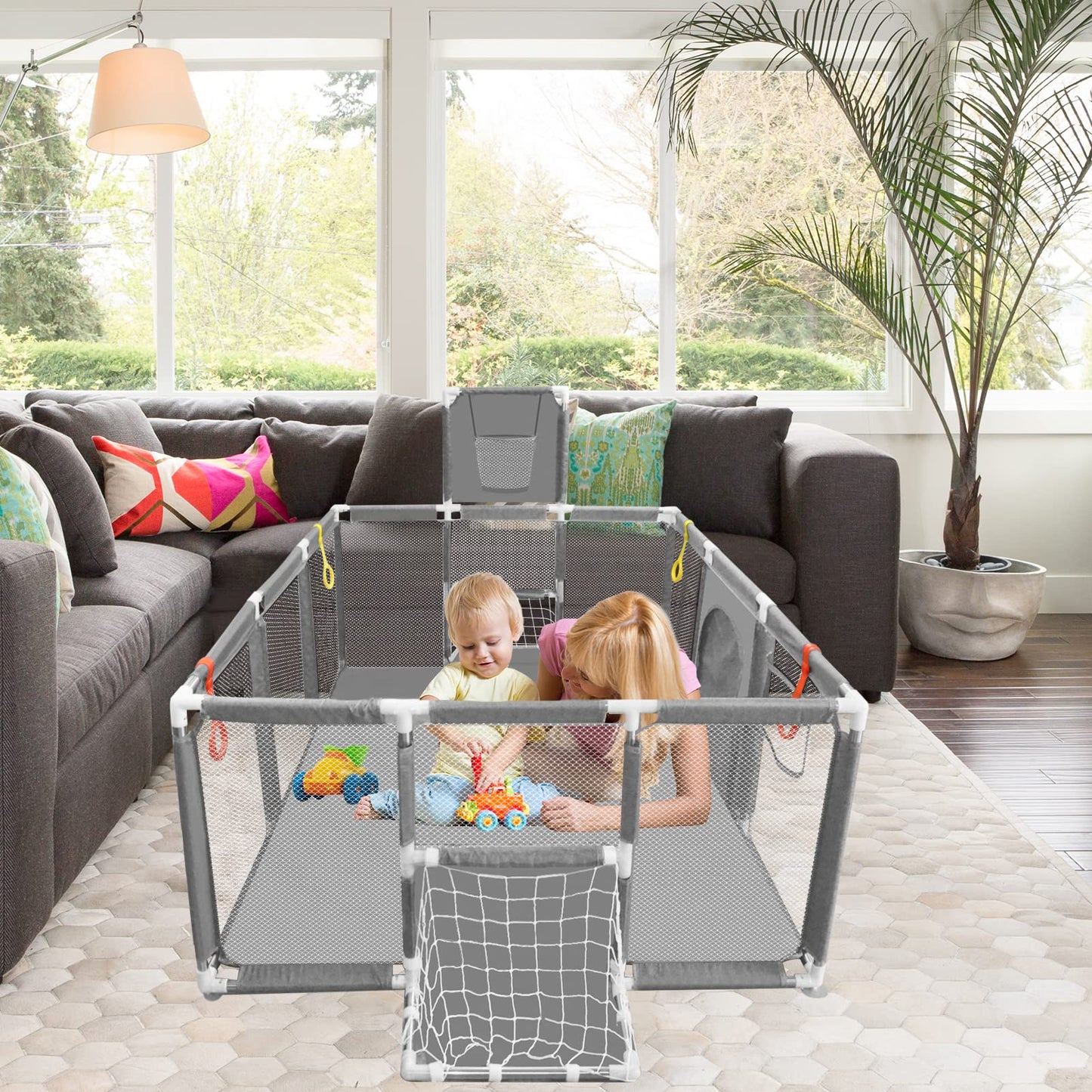 Large Playpen For Babies And Toddlers - Baby Ball Pit Kids Play Pen Sturdy Play Yard W/Basketball Hoop, Children'S Fence Play Ar