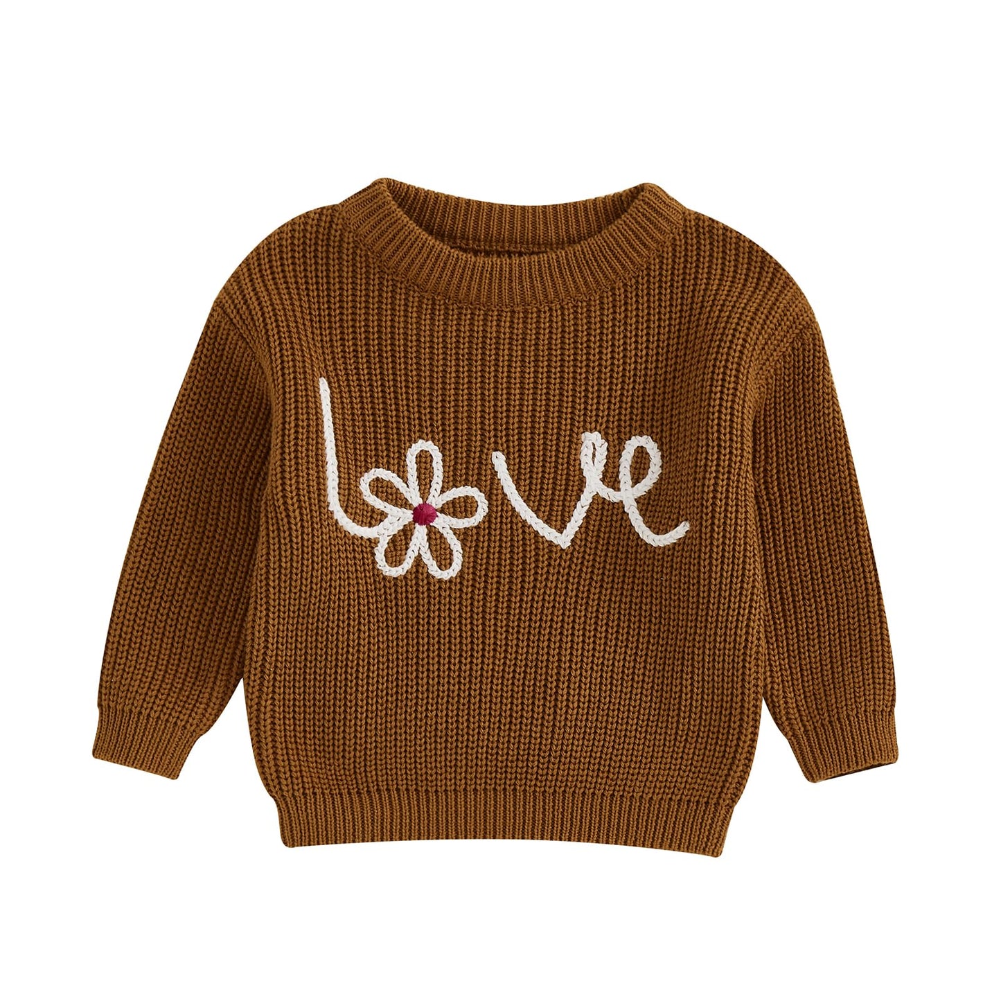 Nokpsedcb Baby Girl Cute Long Sleeve Heart Flowers Embroidery Oversized Sweater Toddler Valentine Outfit (Brown Love Flower, 3-4