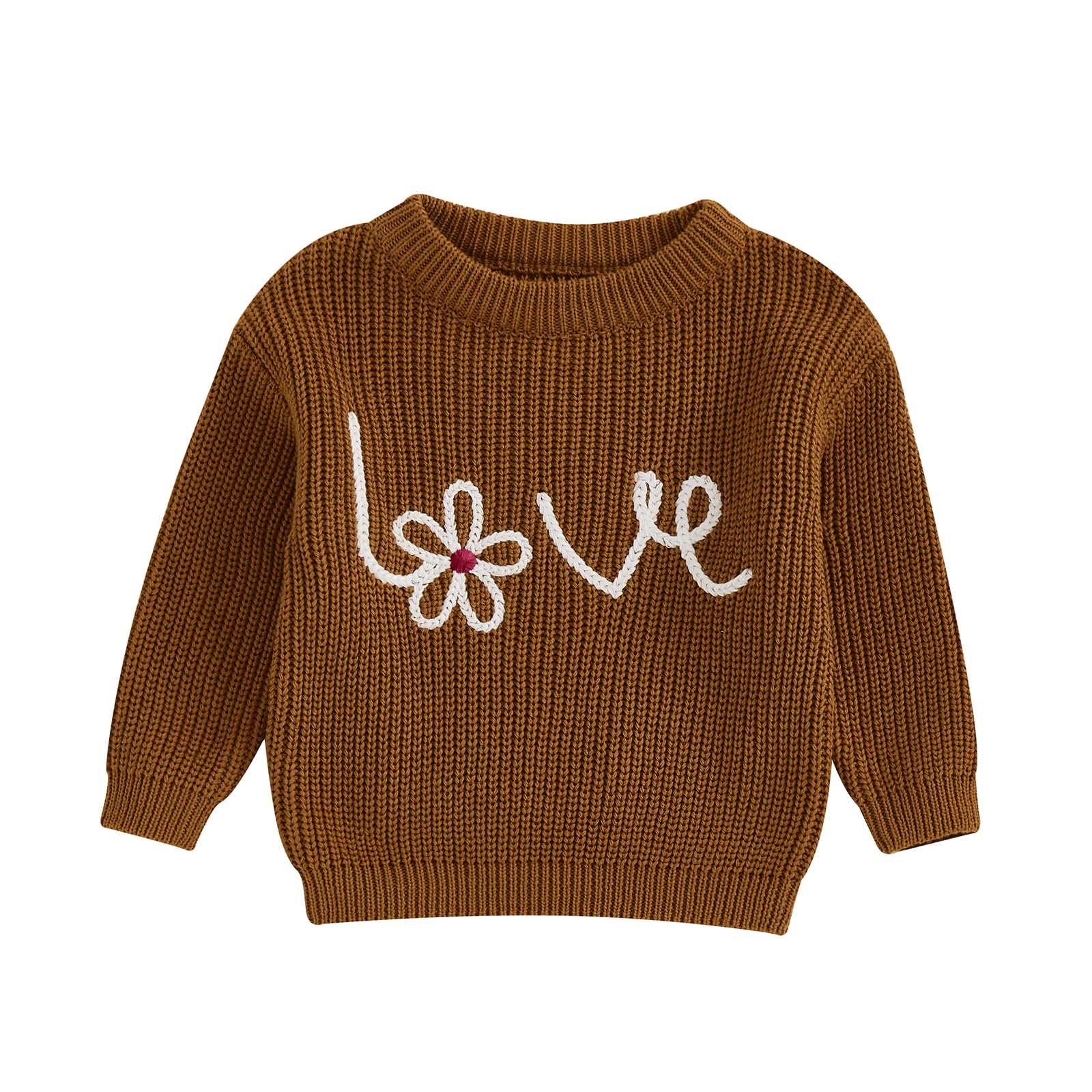 Nokpsedcb Baby Girl Cute Long Sleeve Heart Flowers Embroidery Oversized Sweater Toddler Valentine Outfit (Brown Love Flower, 3-4