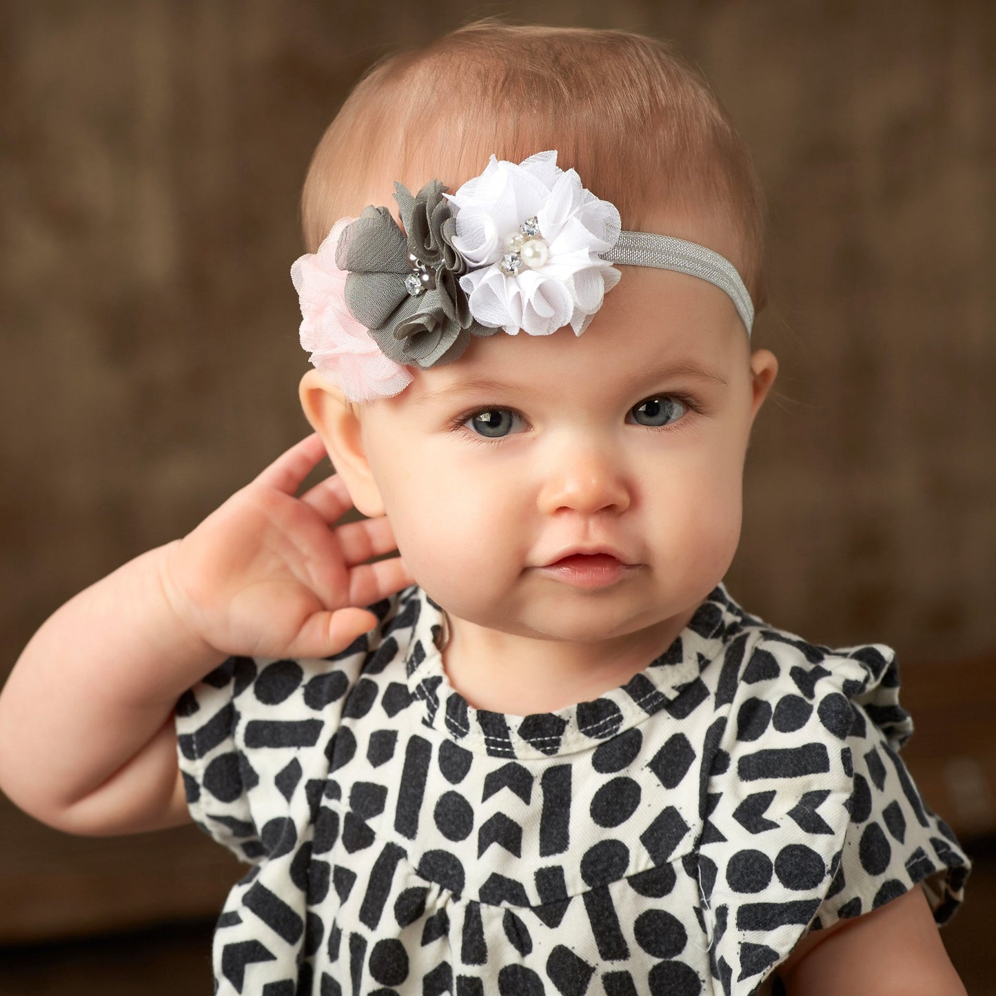 My Lello Baby Flower Headbands Fabric Beaded Trio Stretchy Elastic Pair (Pink Blush/Mineral Ice)