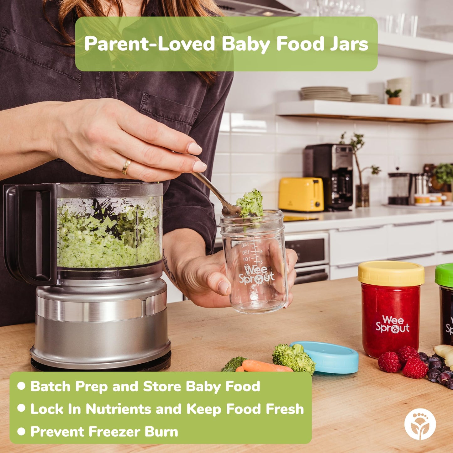 Weesprout Glass Baby Food Storage Jars W/Lids (4 Oz, 6 Pack Set) Snack, Puree, Reusable Small Containers, Breast Milk, Fridge Or
