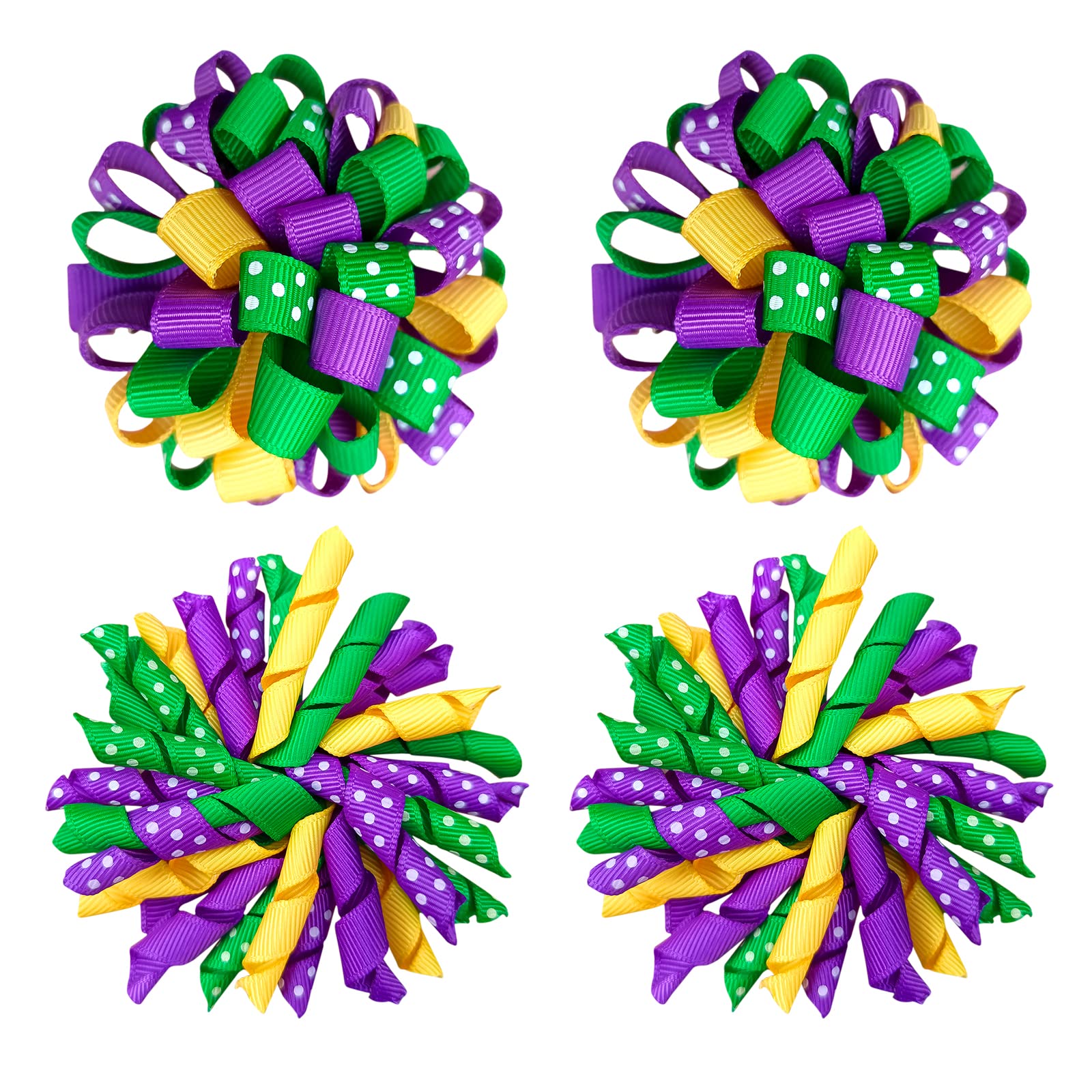 Mardi Gras Korker Hair Bows 3'' Girls Curly Corker Bow Alligator Clips Purple Yellow Green Grosgrain Ribbon Fireworks Flowerball