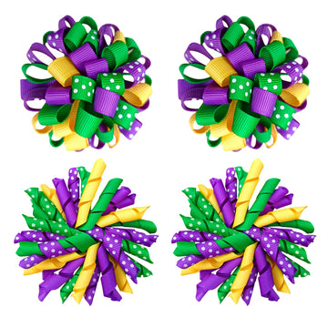 Mardi Gras Korker Hair Bows 3'' Girls Curly Corker Bow Alligator Clips Purple Yellow Green Grosgrain Ribbon Fireworks Flowerball