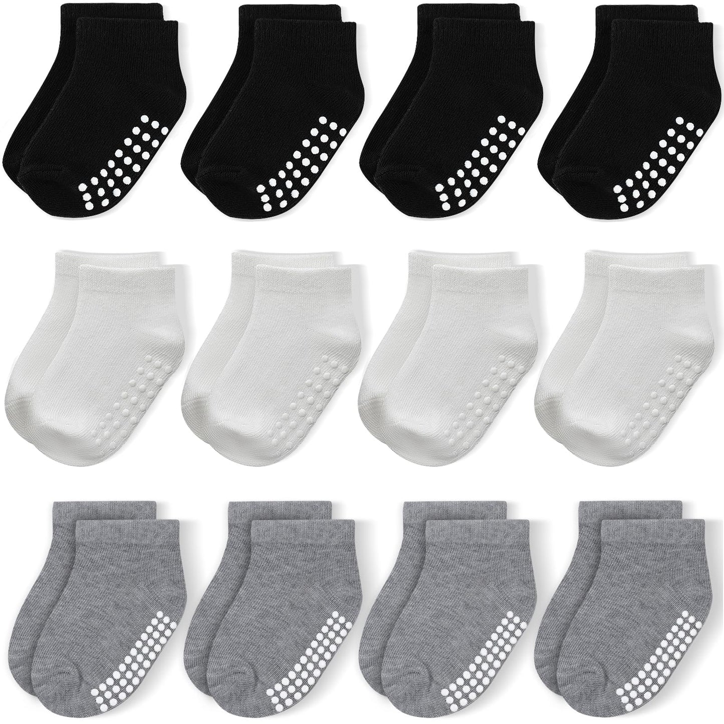 Jakidar 12 Pair Baby Toddler Socks Non-Slip Grip Cotton Ankle Socks For Boys Girls Non Skid Soles For Infants Kids, Black Gary,1