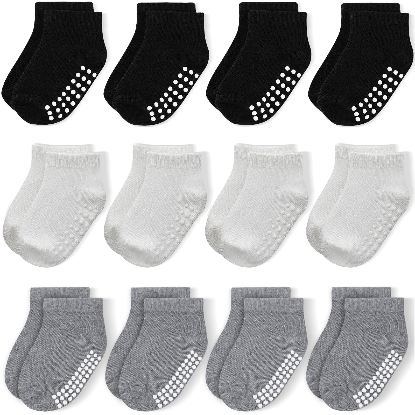 Jakidar 12 Pair Baby Toddler Socks Non-Slip Grip Cotton Ankle Socks For Boys Girls Non Skid Soles For Infants Kids, Black Gary,1