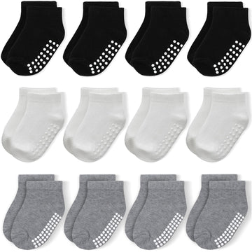 Jakidar 12 Pair Baby Toddler Socks Non-Slip Grip Cotton Ankle Socks For Boys Girls Non Skid Soles For Infants Kids, Black Gary,1