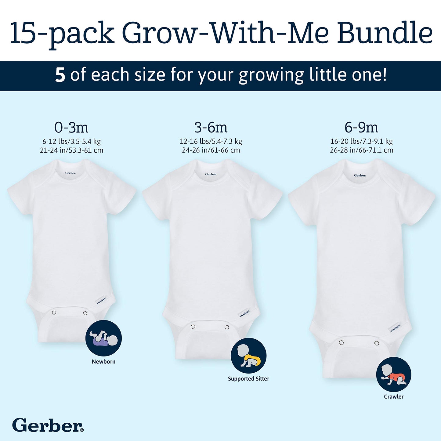 Gerber Baby 15 Piece Onesies Bodysuit Multi Size Pack, White, 6-9 Months