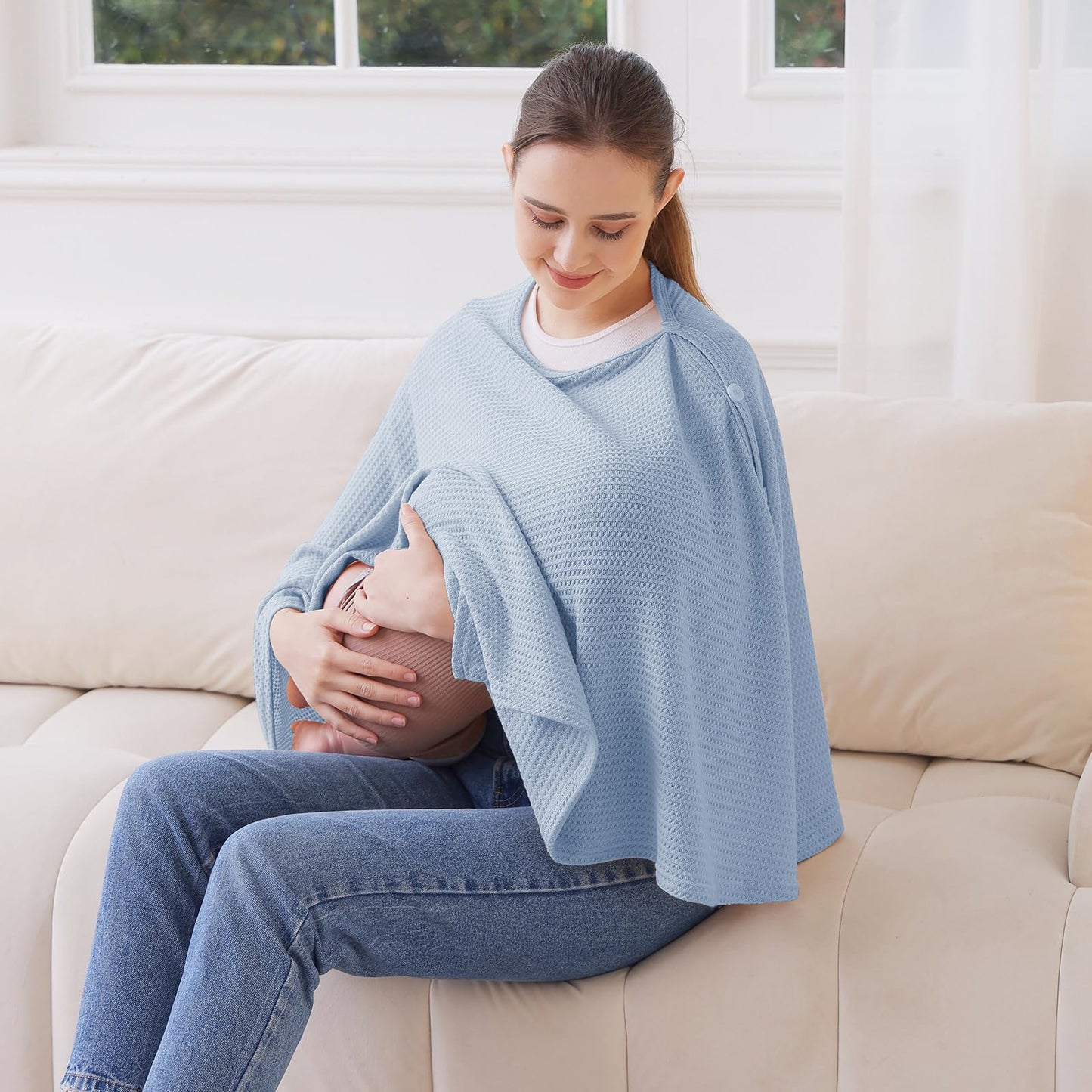 Knit Nursing Cover For Baby Breastfeeding, Breathable And Soft, Wide Neck With Stretch For Easy View (Blue)