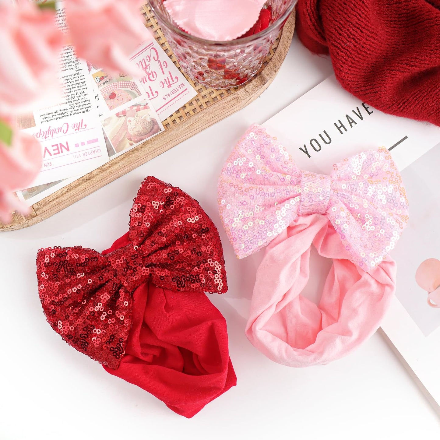 Lanmerry Red Pink Bows For Girls Sequins Large Bows Red Headband Toddler Glitter Hair Bow Hair Accessories Pink Ribbon Headband