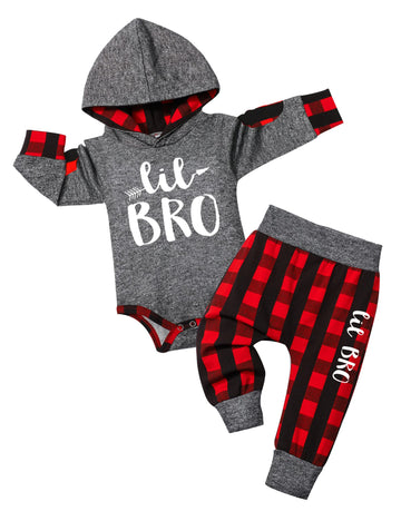Fommy Baby Boy Clothes 6-9 Months Letter Print Long Sleeve Hoodies +Plaid Long Pants 2Pcs Outfits Baby Boy Stuff Gifts Set