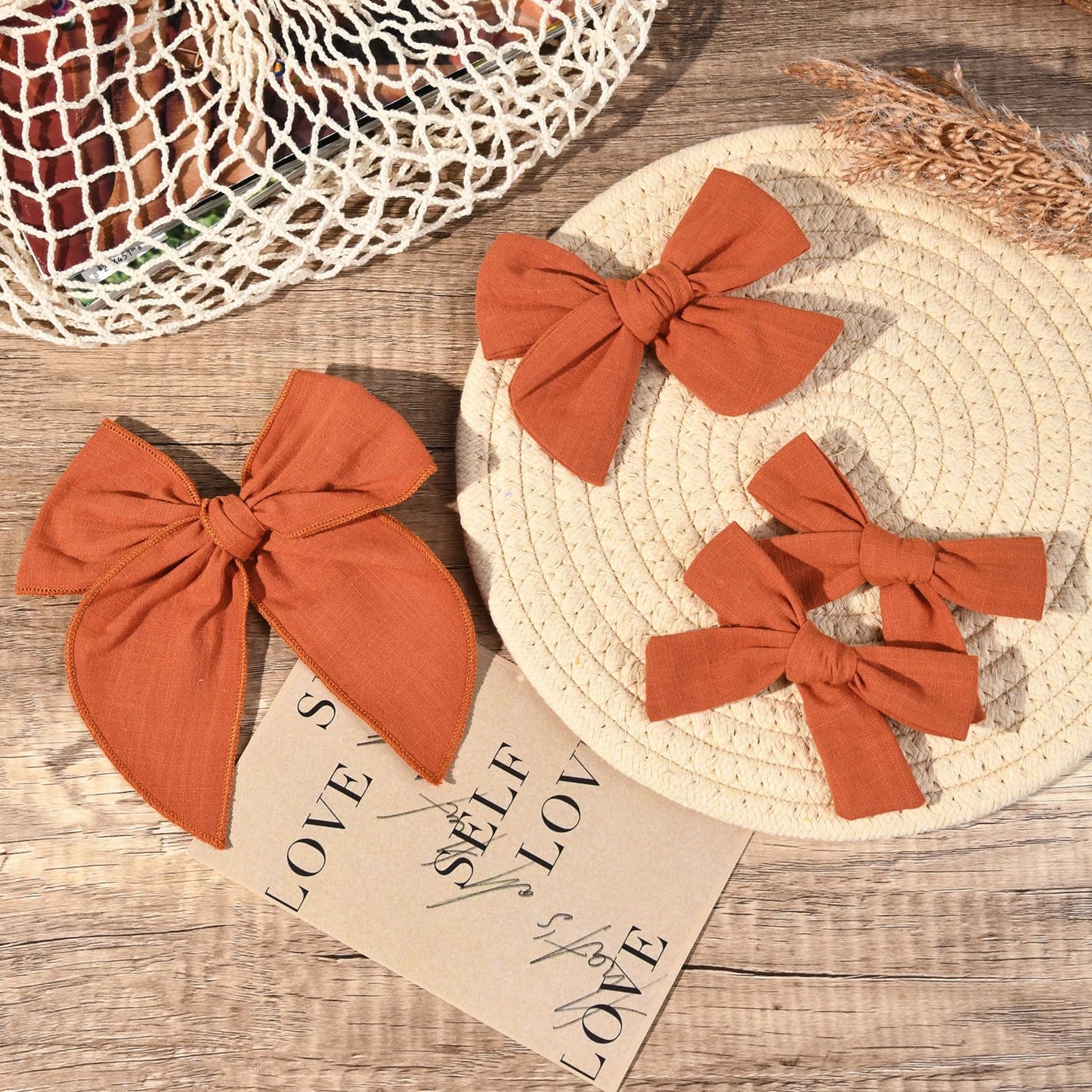 Deeka 4 Pcs Burnt Orange Cotton Linen Hair Bows 3 Styles 5' & 4' Handmade Hair Bow Set For Toddler Girls Alligator Hair Clips
