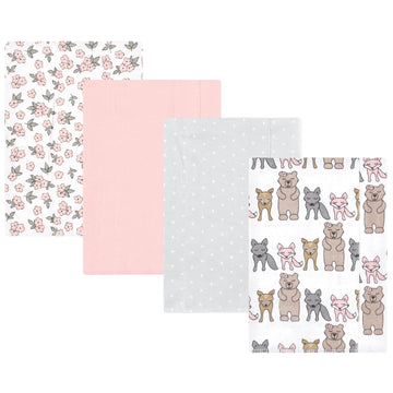 Hudson Baby Unisex Baby Cotton Flannel Burp Cloths 4-Pack, Wild Forest Pink, One Size