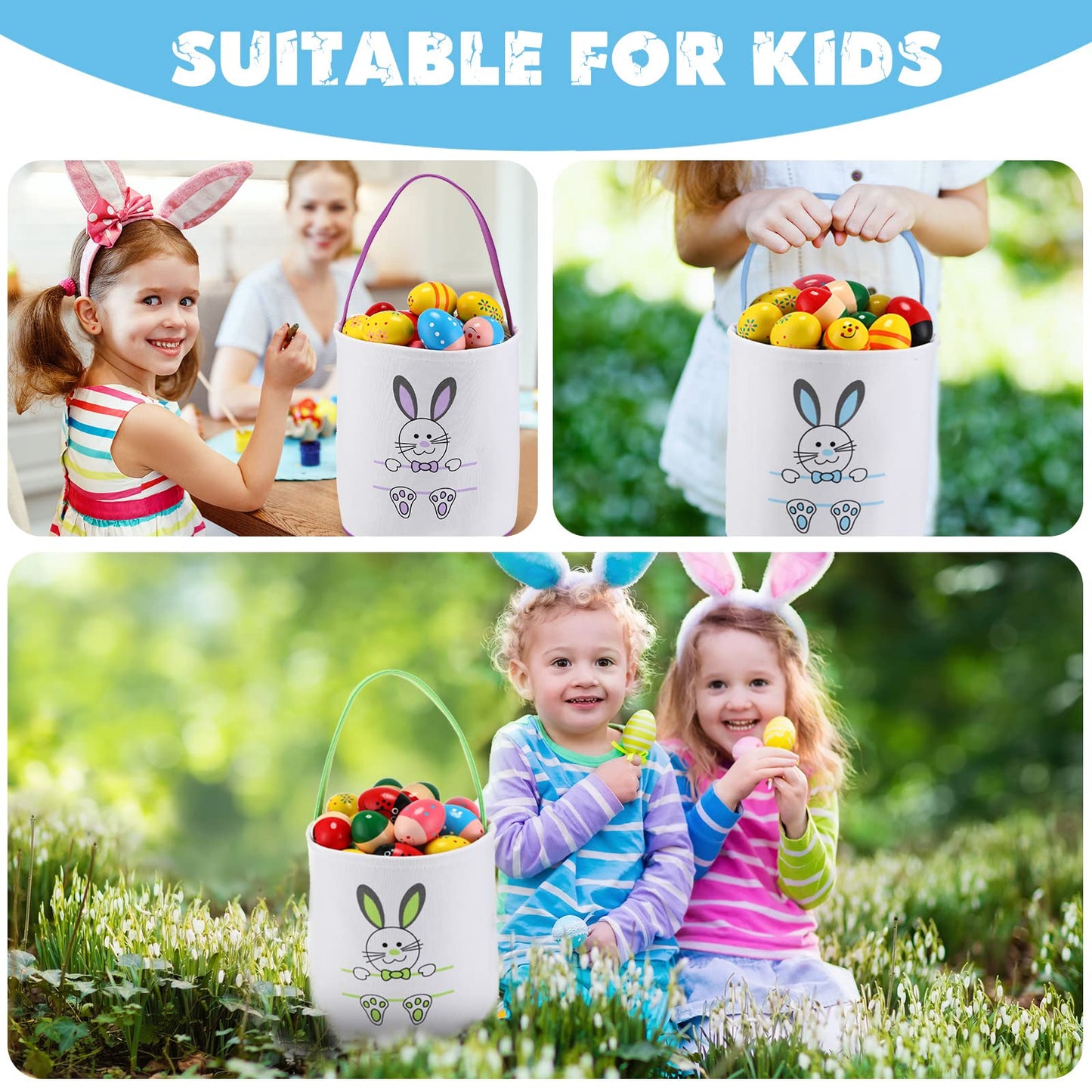 4 Pieces Easter Bunny Basket Egg Bags For Kids Cloth Tote Bags Canvas Cotton Empty Personalized Candy Egg Basket Bunny Print Buc