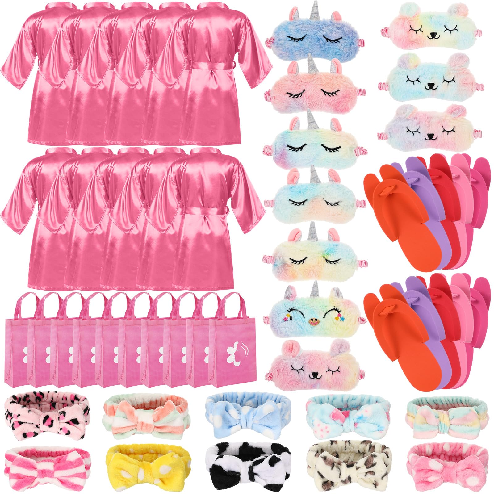 Bonuci 50 Pcs Spa Party Supplies for Girls, 10 Satin Robe 10 Kids Slippers Sleepover Birthday Spa Party Favors (Pink)