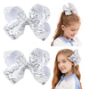 Amydecor 6 Inch Silver Sparkly Glitter Sequin Hair Bows For Girls Toddlers Kids Children Teenage (2Pcs)