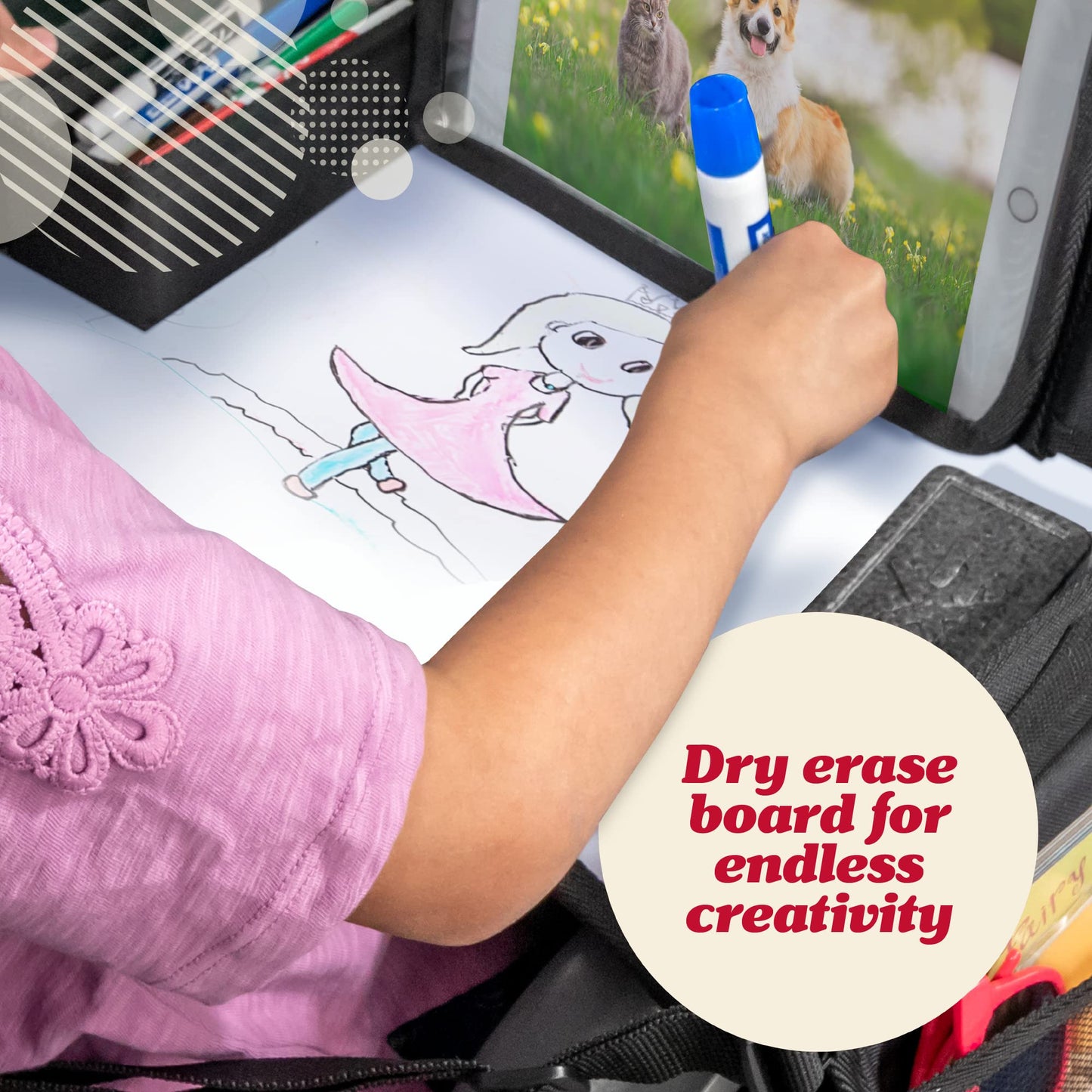 Lusso Gear Car Seat Tray - 1-Pack Black - 600D Oxford Lap Desk Organizer & Tablet Stand with Dry-Erase Surface, Snack & Cup Hold