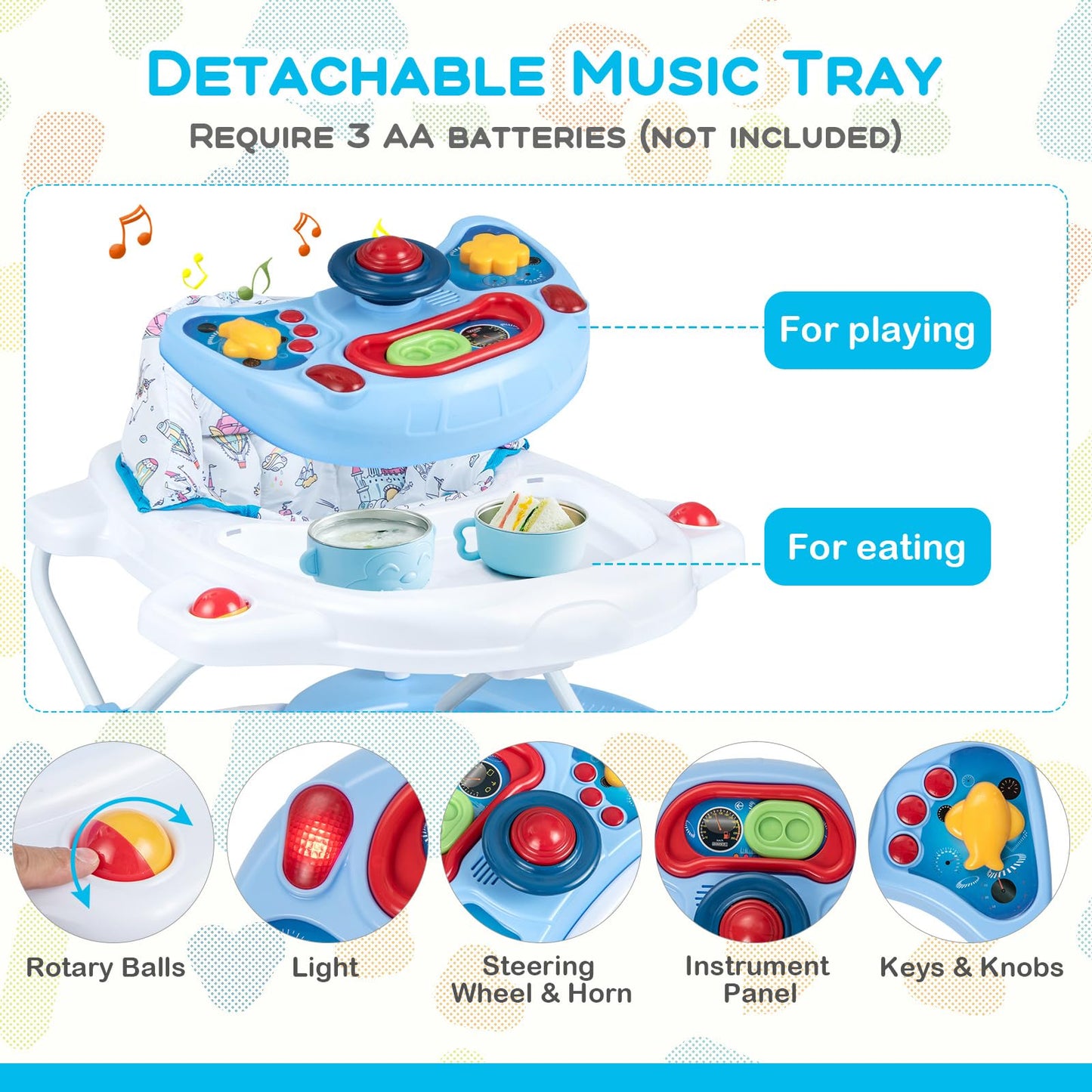 Baby Joy 6-In-1 Baby Walker With Wheels, Adjustable Height, Music, Lights, Rocker Mode - Boy/Girl, 6-18 Months (Blue)