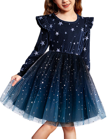 Arshiner Formal Dress For Girls Velvet Tulle Tutu Fall Long Sleeve Winter Princess Outfit Navy 3T