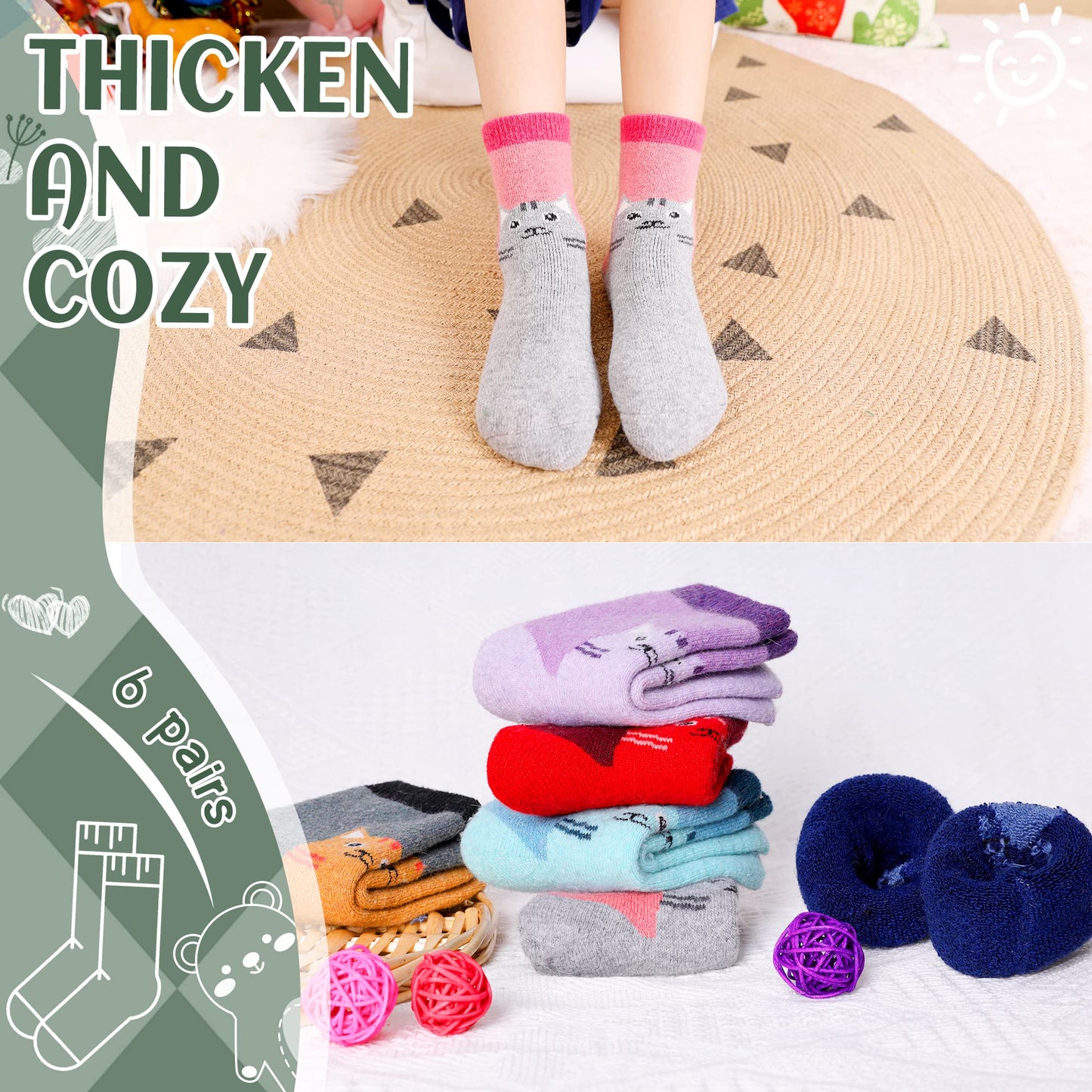Children'S Winter Warm Wool Solid Color Socks Kids Boy Girls Thermal Crew Socks 6 Pairs (6 Pairs Cat, 4-7 Years)