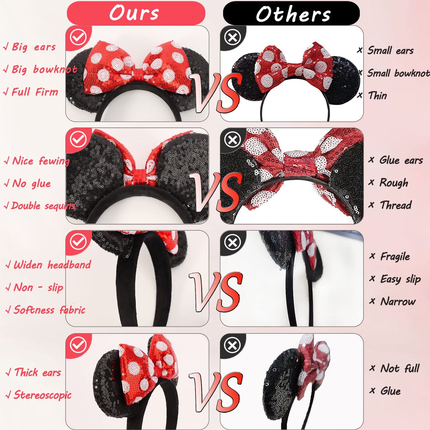 Etluk Mouse Ears Headbands, 2 Pcs Sequined Shiny Bow Headband Party Cosplay Accessories For Women, Girls (Pink Dot & Red Dot)