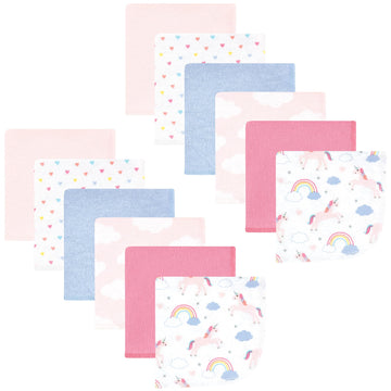 Hudson Baby Unisex Baby Flannel Cotton Washcloths, Unicorns Rainbows 12 Pack, One Size